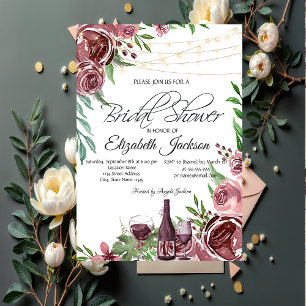 Wine Bottle Glass Burgundy Roses Bridal Shower   Invitation