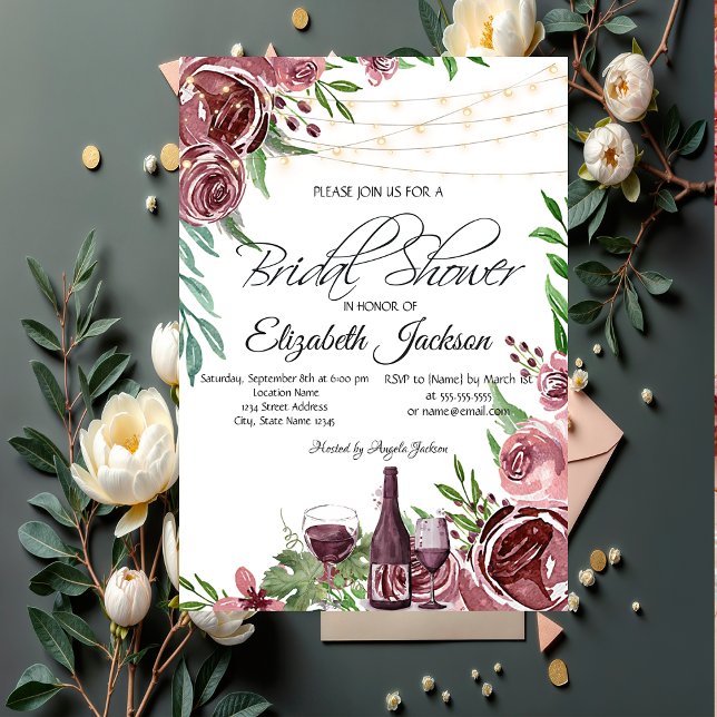 Wine Bottle Glass Burgundy Roses Bridal Shower   Invitation (Creator Uploaded)