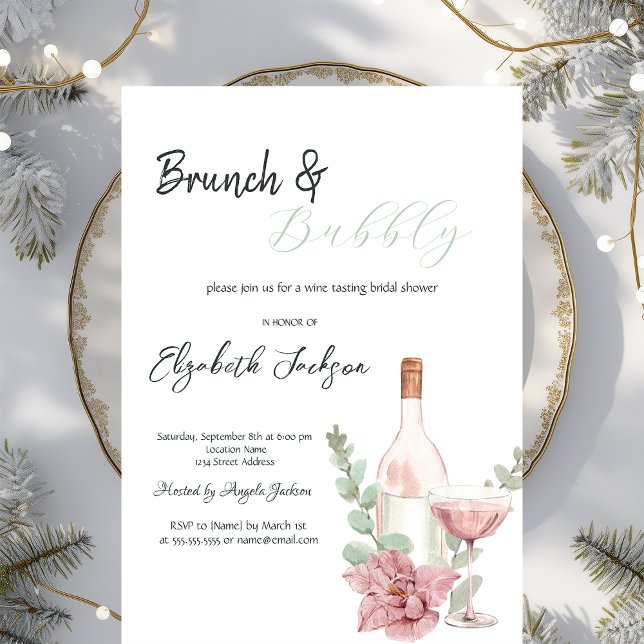 Wine Bottle Glass Flower Brunch & Bubbly  Invitation (Creator Uploaded)