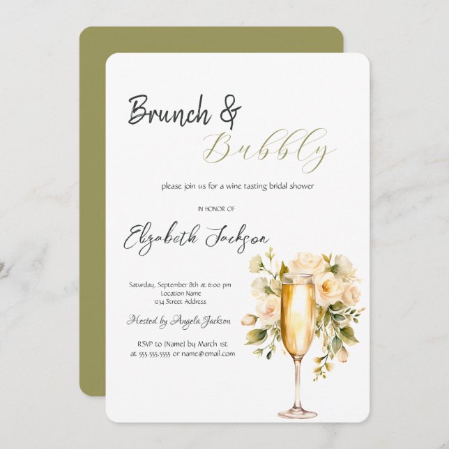 Wine Bottle Glass Flower Green Brunch & Bubbly  Invitation (Front/Back)