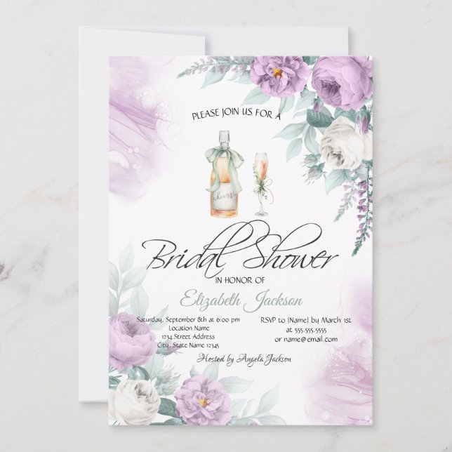 Wine Bottle Glass Violet Roses Dots Invitation (Front)