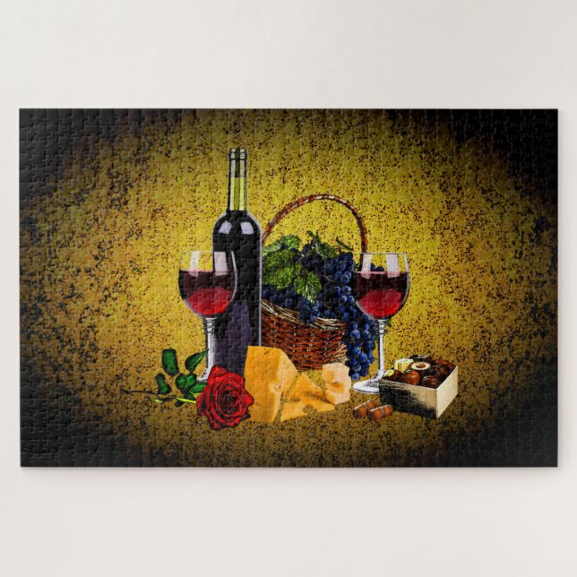 Wine bottle/grapes/basket, cheese, chocolate,Gold Jigsaw Puzzle (Horizontal)