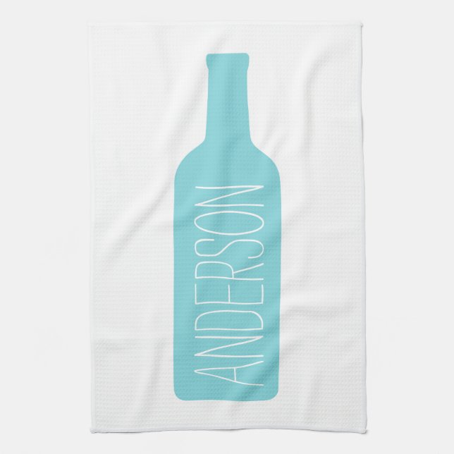 Wine Bottle Illustration - Modern White Name Tea Towel (Vertical)
