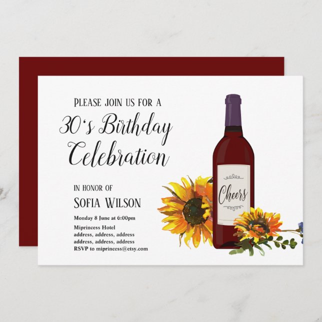 wine bottle sunflower birthday party invitation (Front/Back)
