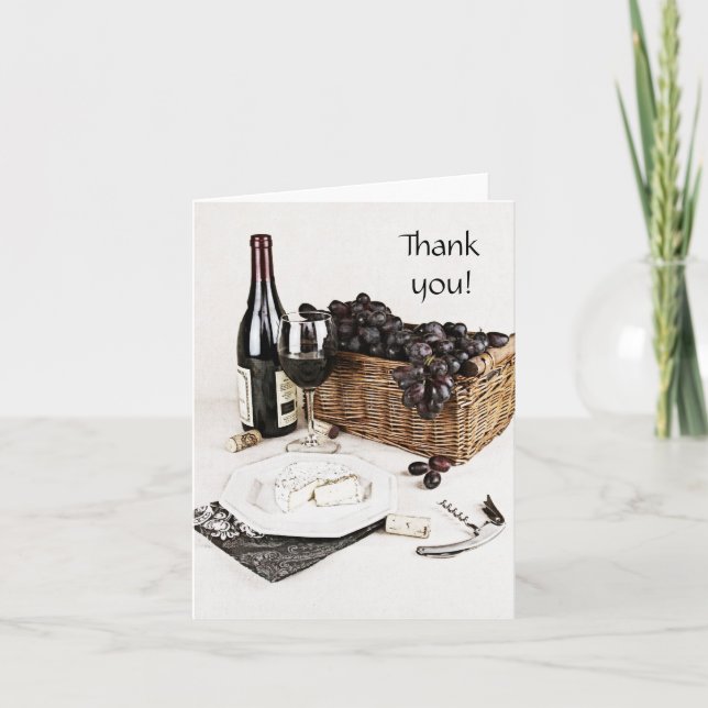 wine bottle, wine glass and cheese thank you note (Front)