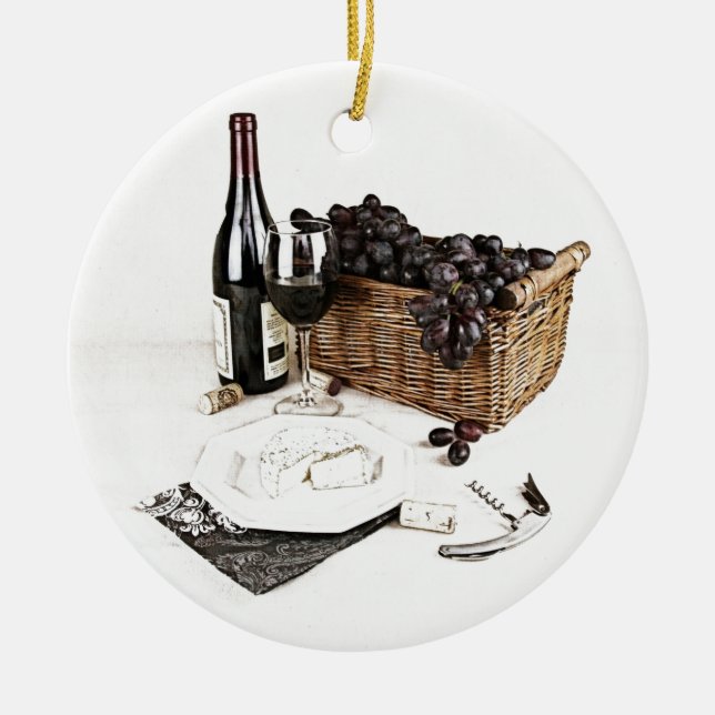 Wine bottle, wine glasses and basket of grapes ceramic tree decoration (Front)