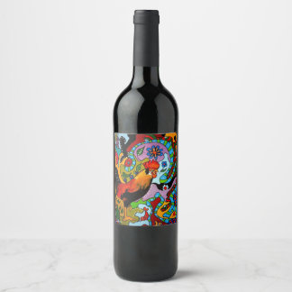 Wine bottle with colorful labeling of a rooster. label