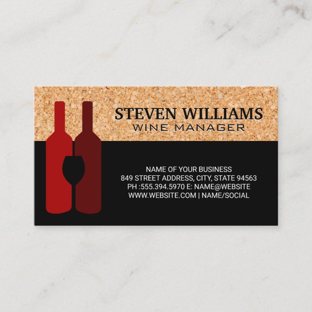 Wine Bottles and Glass | Cork Background Business Card (Front)