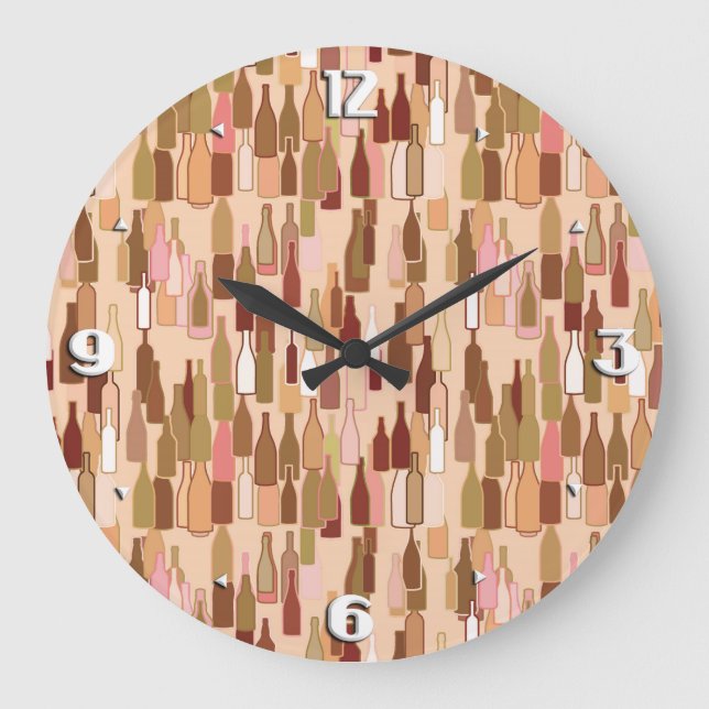 Wine bottles, earth colours, light coral backgroun large clock (Front)