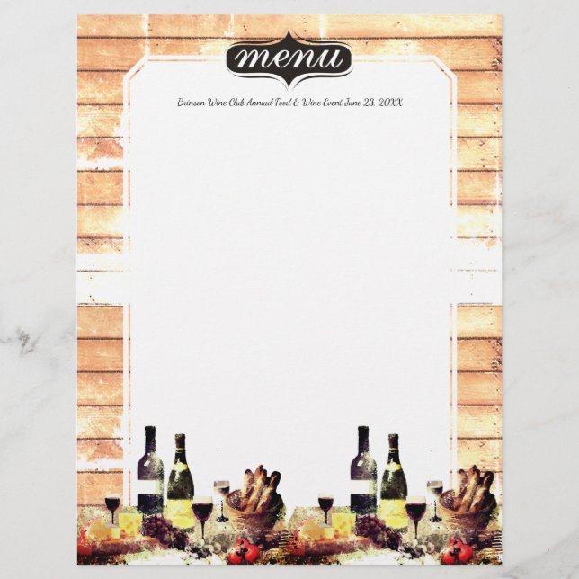 Wine bottles gourmet food dinner menu letterhead (Front)