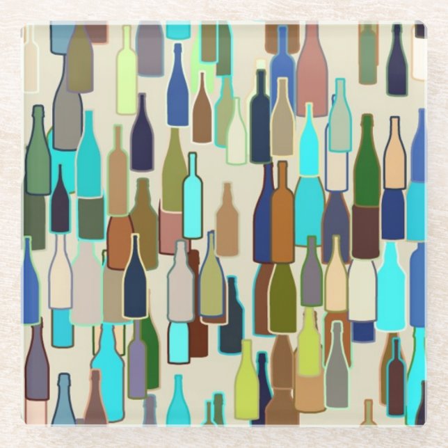 Wine bottles, multi colour, beige background glass coaster (Front)