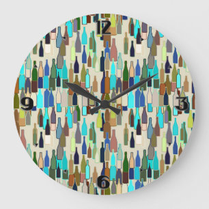Wine bottles, multi colour, beige background large clock