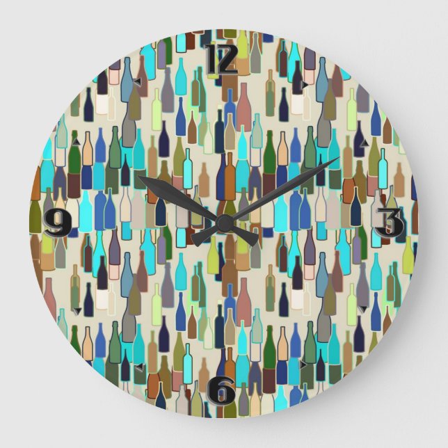 Wine bottles, multi colour, beige background large clock (Front)