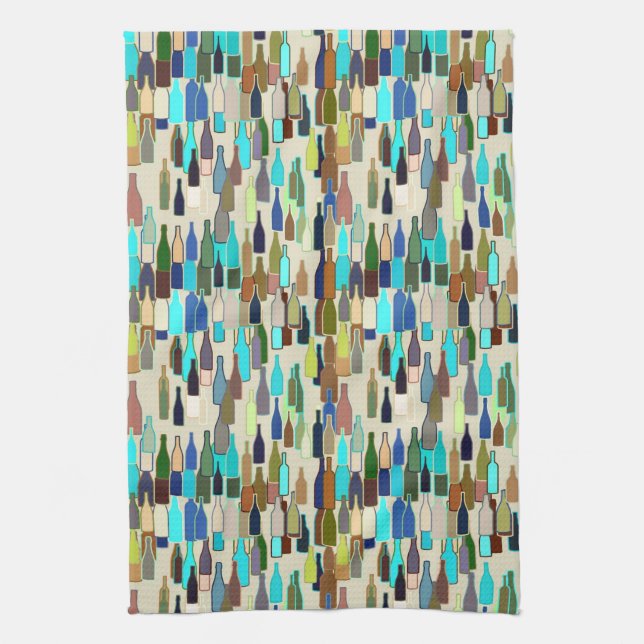 Wine bottles, multi colour, beige background tea towel (Vertical)