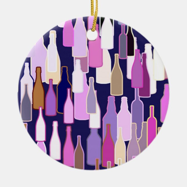 Wine bottles, multi colour, dark blue background ceramic tree decoration (Front)