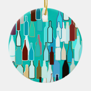Wine bottles, multi colours, turquoise background ceramic tree decoration