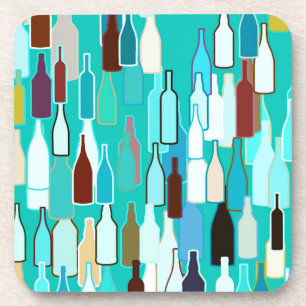 Wine bottles, multi colours, turquoise background coaster
