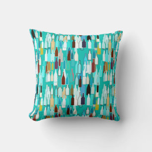 Wine bottles, multi colours, turquoise background cushion