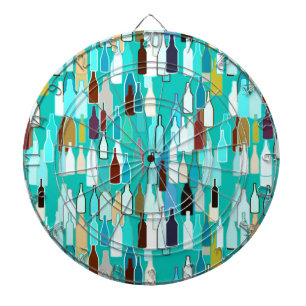 Wine bottles, multi colours, turquoise background dartboard