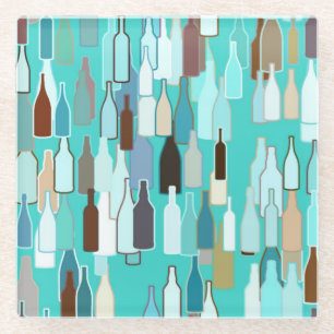 Wine bottles, multi colours, turquoise background glass coaster
