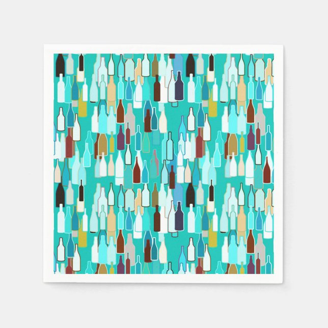 Wine bottles, multi colours, turquoise background napkin (Front)