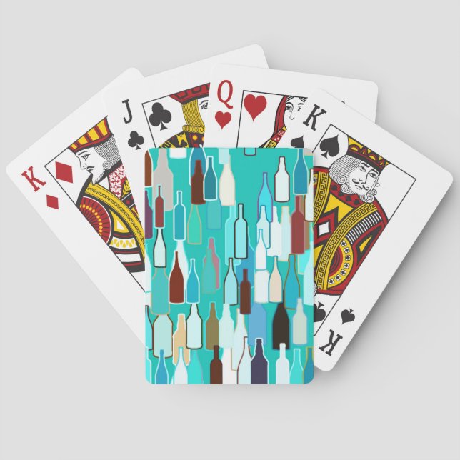 Wine bottles, multi colours, turquoise background playing cards (Back)