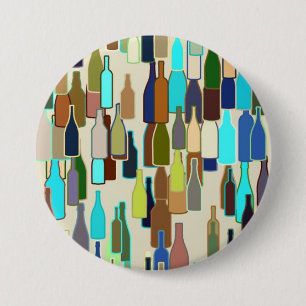 Wine bottles pattern, multi colour, beige 7.5 cm round badge