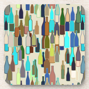 Wine bottles pattern, multi colour, beige backgrou coaster