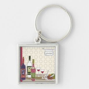 Wine bottles with wineglasses on table key ring