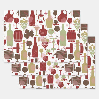 Wine Bottles Wrapping Paper Flat Sheet Set of 3