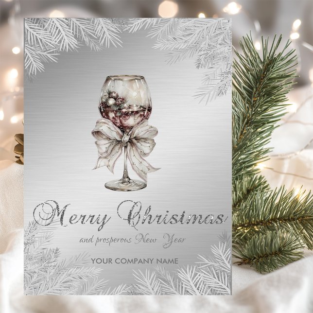 Wine Bow Christmas Tree Branches Silver Corporate Holiday Card (Creator Uploaded)