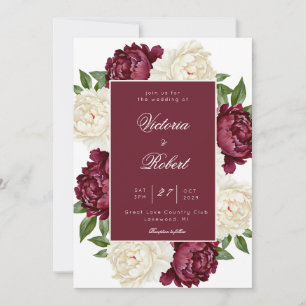 Wine Burgundy and Cream Peony Floral Wedding Invitation