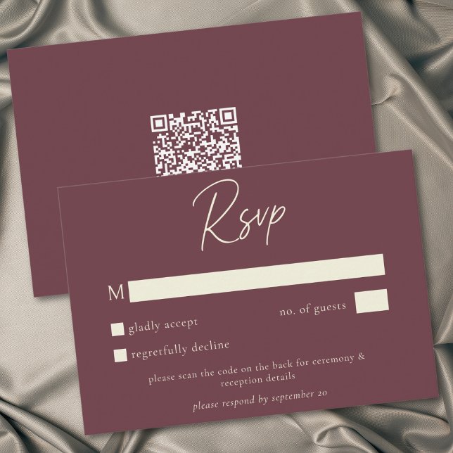 Wine Burgundy Minimalist Fall Wedding QR Code RSVP Card (Wine Burgundy Minimalist Leaf Acorn Fall Wedding RSVP Card)