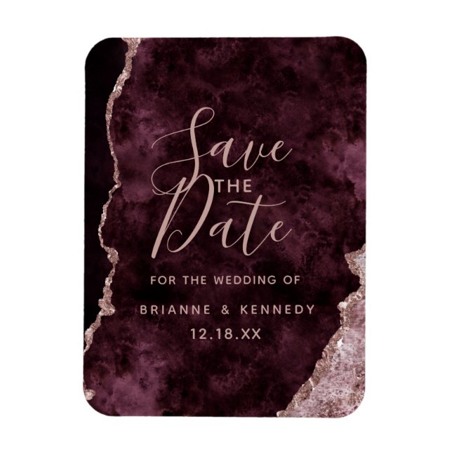 Wine Burgundy Rose Gold Agate Marble Save the Date Magnet (Vertical)