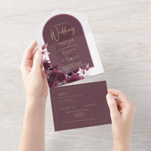 Wine Burgundy Roses Gold Text Wedding All In One Invitation