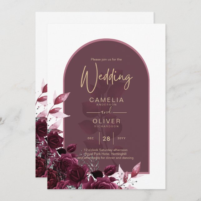 Wine Burgundy Roses Gold Text Wedding Invitation (Front/Back)