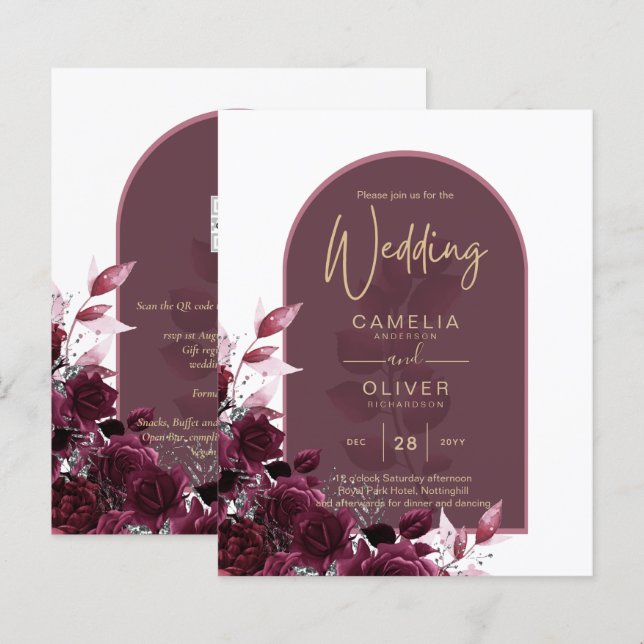 Wine Burgundy Roses Gold Text Wedding INVITE (Front/Back)