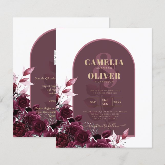 Wine Burgundy Roses Gold Text Wedding INVITE (Front/Back)