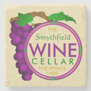 Wine Cellar Purple Grapes Personalised Family Name Stone Coaster