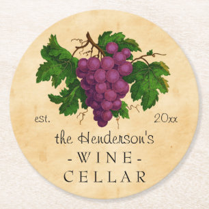 Wine Cellar with Grapes Vintage Personalised Name Round Paper Coaster