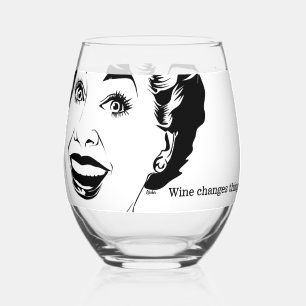 Wine Changes Things! Retro Illustrated Happy Woman Stemless Wine Glass