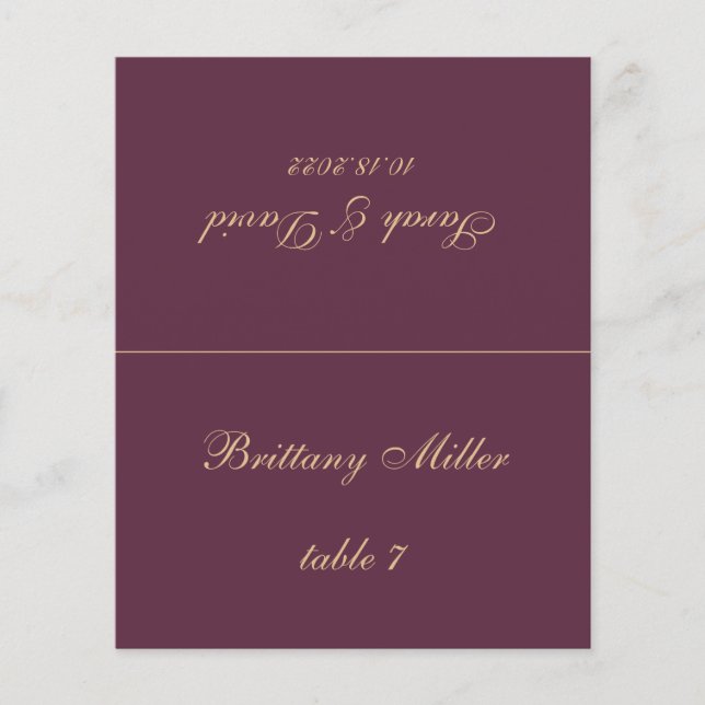 Wine Colour Wedding Place Card - Printed Guest Nam (Front)