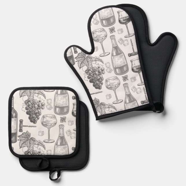 Wine Country B/W Oven Mitt & Pot Holder Set (Front/Back)