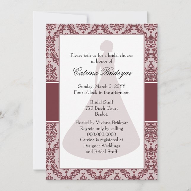 Wine Damask Bridal Shower Invitation (Front)