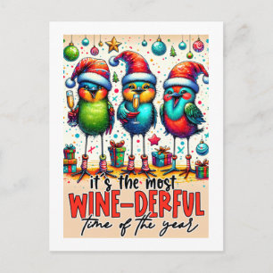 Wine-Derful Birds Toasting in Holiday Cheer Postcard