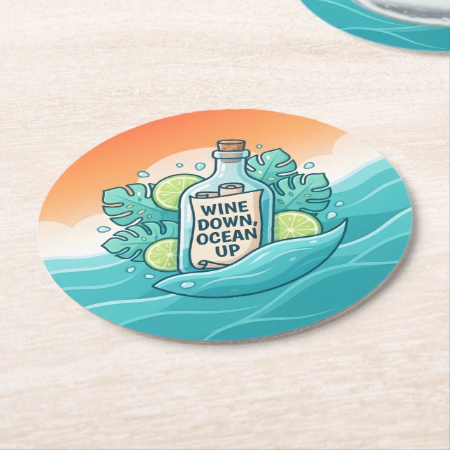 Wine Down, Ocean Up Round Paper Coaster (Angled)