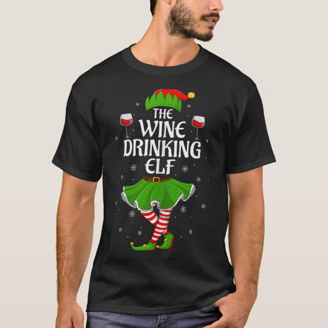 Wine Drinking Elf Christmas Family Girl Women Elf  T-Shirt (Front)