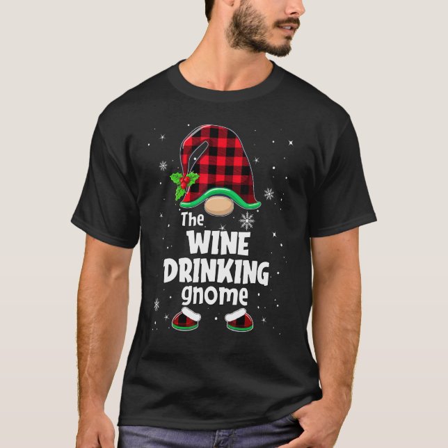Wine Drinking Gnome Buffalo Plaid Christmas Matchi T-Shirt (Front)