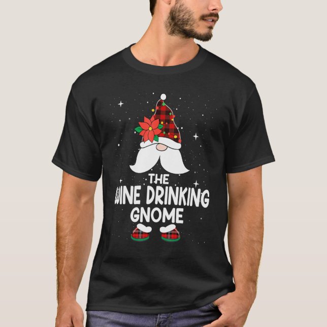 Wine Drinking Gnome Buffalo Plaid Matching Family  T-Shirt (Front)