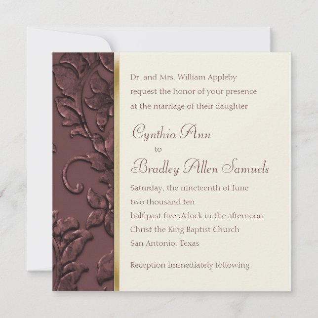 Wine Embossed Look Damask Invitation (Back)